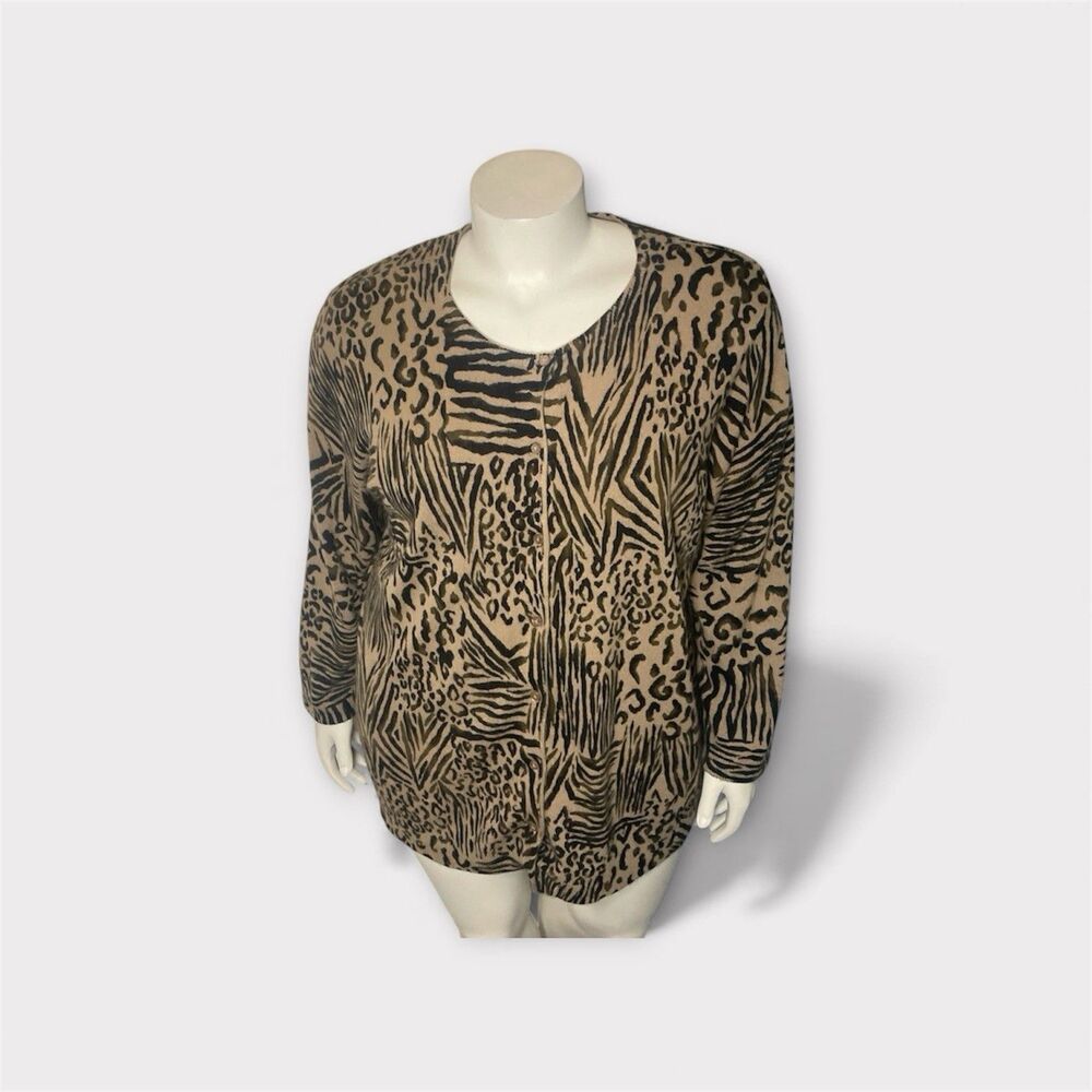 Maggie Barnes Women’s Cardigan 2X Tan Black‎ Animal Print Button Front Career